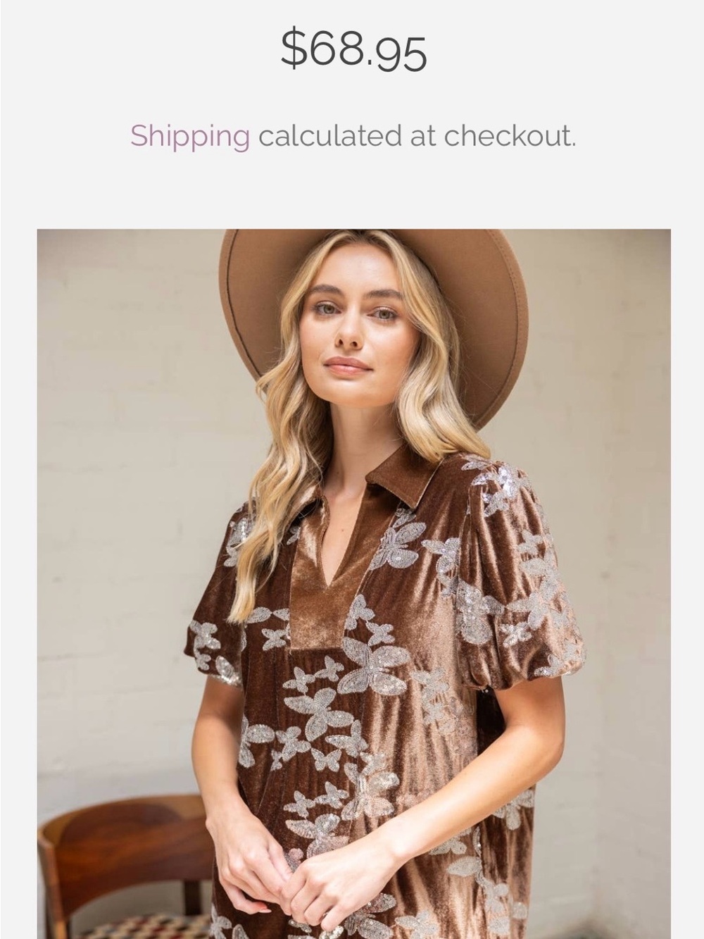 Brown Velvet Floral Short Puff Sleeve Dress